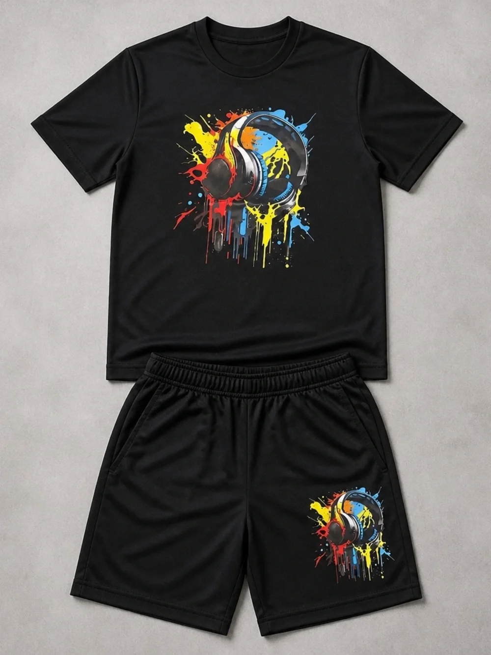 Black Kids Pajama Set with Colorful Headphone Splash Graphic